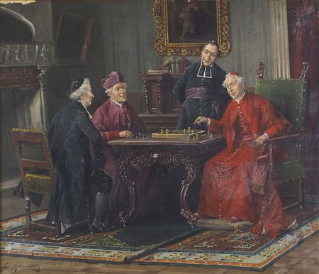 Maestro del XIX secolo "Partita a scacchi" cm. 55x68 - olio su tela foderata...