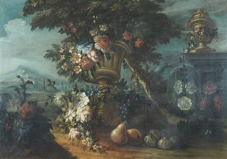 Maestro del XVIII secolo "Natura morta di fiori e frutta" cm. 68x97 - olio su...