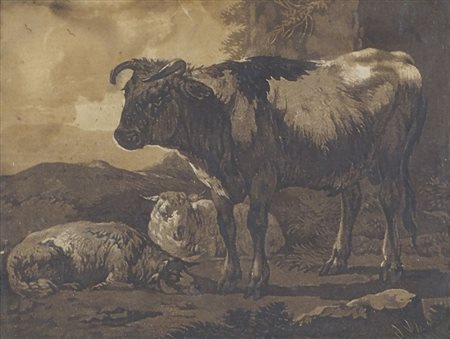 Antico disegno a china su carta raffigurante animali al pascolo, cm. 11x14....