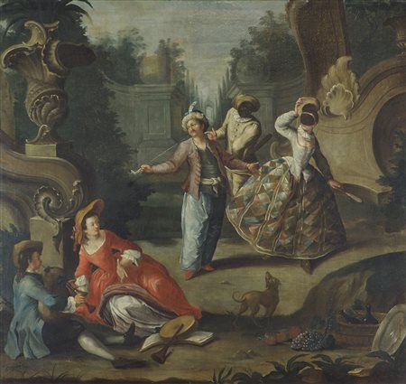 Maestro francese del XVIII secolo "Scena con maschere della Commedia...
