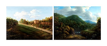 Scuola romana del XVIII secolo
 

a) Lazio woodland landscape with figures and wayfarers; b) View of Albano hermitage on via Corriera and ruins of Domitian's palace