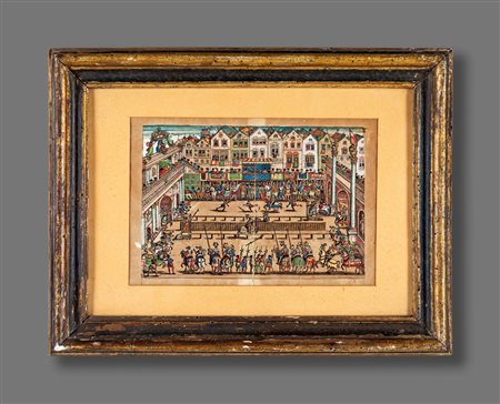 
 

Pair of watercolor prints depicting a soldiers camp and a battle