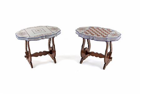 
 

Two low tables in walnut with majolica top