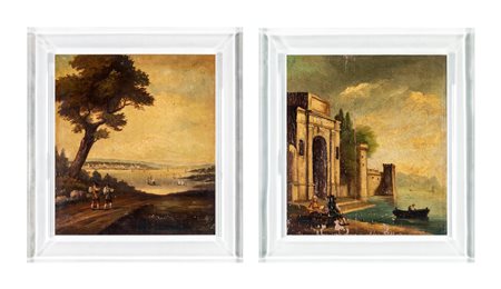 
 

a) Seascape with a castle; b) View of a gulf with figures