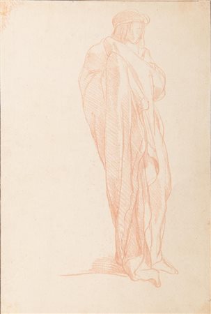 Scuola Neoclassica Francese FIGURA VIRILE AMMANTATA IN PIEDI Matita rossa. mm...