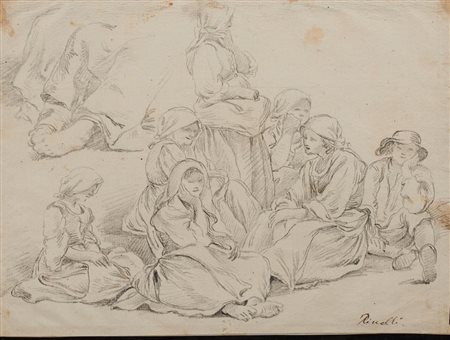 Scuola Italiana del XIX secolo GRUPPO DI FIGURE POPOLARI SEDUTE Matita di...