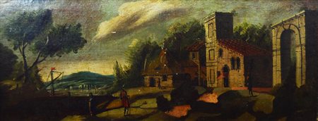 Scuola del XX secolo VEDUTA olio su tela, cm 92x37 L'opera presenta alcune...