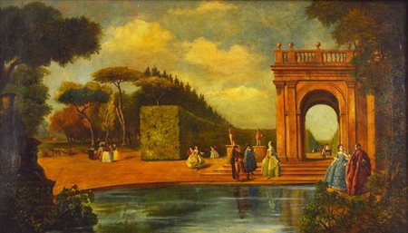 Scuola Italiana di inizi XX secolo VEDUTA olio su tela, cm 68,5x118 Lievi danni