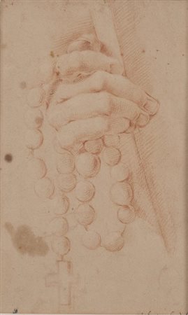 Gaetano Gandolfi STUDIO DI MANO CON ROSARIO sanguigna su carta, cm 28,5x20...