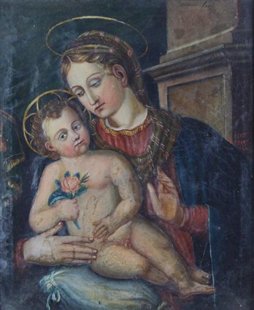Scuola Italiana del XIX secolo Madonna con bambino Olio su tela,...