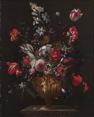 Giovanni Stanchi NATURA MORTA. VASO DI FIORI ISTORIATO CON PAN E SIRINGA olio...