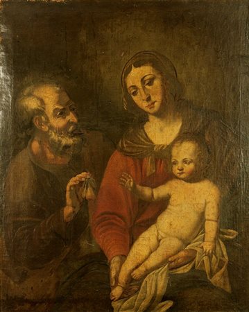 PITTORE ANONIMO DEL '600 "Sacra Famiglia" 100x84 olio su tela Restauri