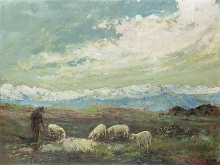 SOLENGHI GIUSEPPE Milano 1879 - 1944 Cernobbio (CO) "L'abbeverata" 32x42 olio...