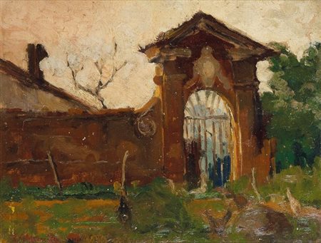 GHIVARELLO BENEDETTO Torino 1882 - 1955 "Ingresso di cascina" 22x28,5 olio su...