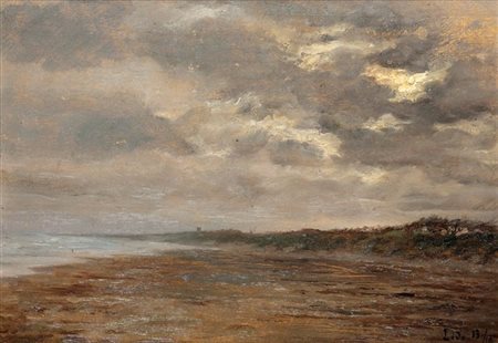 SACERDOTE ANSELMO Torino 1868 - 1926 "Venezia al Lido" 13/10/1910 29x39 olio...