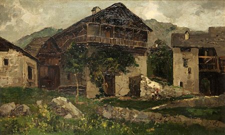 PITTORE DELLA SCUOLA DI DELLEANI "Paesaggio con baite" 38x64 olio su tela