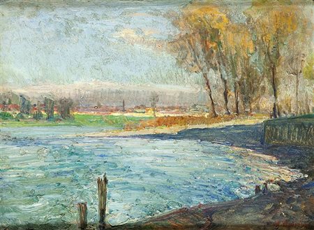 BERTOLA MARIO Torino 1880 - 1926 "Al lago" 29x40 olio su cartoncino Opera...
