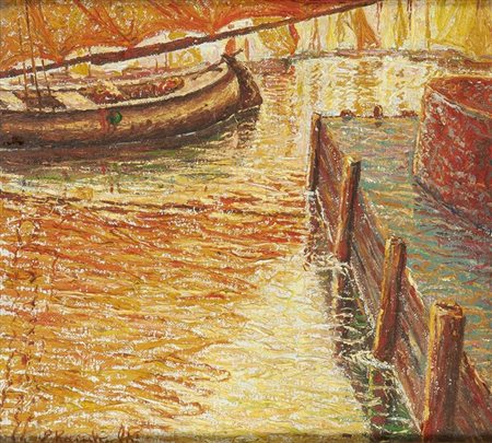 RAMBALDI EMANUELE Pieve di Teco (IM) 1903 - 1968 Savona "Porto al tramonto"...