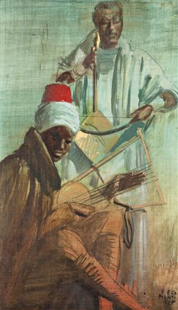 MONTI PIERO Torino 1910 - 1994 "Suonatori libici" 50x30 olio su tela...