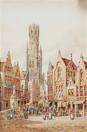SCHAFER HERMANN 1880-? "Veduta della città di Bruges" 48x32 acquerello su...