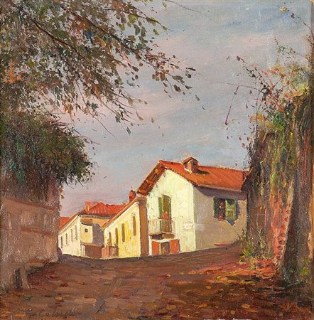 COLMO GIOVANNI Torino 1867 - 1947 "Scorcio di paese" 4/XI/1917 27x27 olio su...