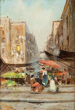 RICCIARDI OSCAR Napoli 1864 - 1935 "Donne al mercato" 27x18 olio su tavoletta...