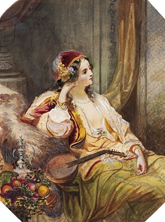 AUTORE NON IDENTIFICATO "La pausa" 1860 36x26,5 acquerello su carta Firma...