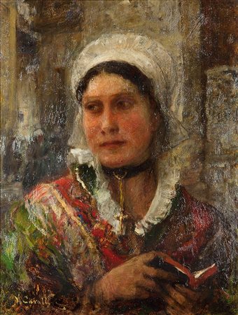 CAVALLERI VITTORIO Torino 1860 - 1938 "L'uscita dalla messa-costume...