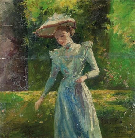 CAVALLERI VITTORIO Torino 1860 - 1938 "Dama in giardino" 48x45 olio su tavola...