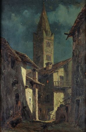 BOSSO FRANCESCO Vercelli 1864 - 1933 Torino "Notturno a Cesana" 50x33 olio su...
