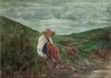 CALDERINI LUIGI Torino 1880 - 1973 "Malinconia" 1925 28x38 olio su cartoncino...