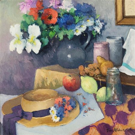 ALIBERTI DINO Torino 1935 "Natura morta con fiori e cappellino" 60x60 olio su...