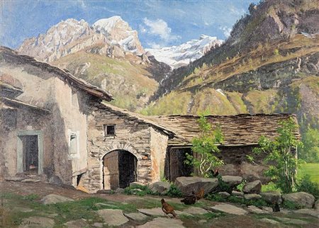 CALDERINI LUIGI Torino 1880 - 1973 "Case rustiche a Groscavallo" 50x70 olio...
