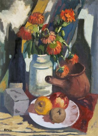 BENZI GIULIO Quargnento (AL) 1907 -1955 Robilante (CN) "Fiori" 58x44 olio su...