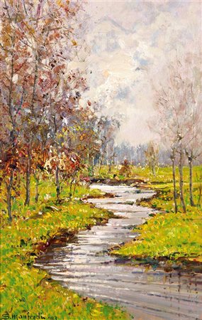MANFREDI SERGIO Torino 1932 "Piccolo ruscello" 1983 45x30 olio su tavola...