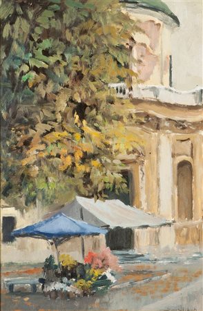 ALIBERTI DINO Torino 1935 "Fiori in Piazza Carlina" 40x28 olio su cartoncino...