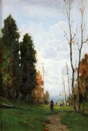 COLMO GIOVANNI Torino 1867 - 1947 "Nel bosco" 37x25 olio su tavola Opera...