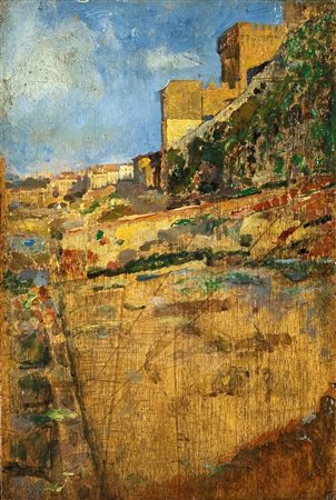 SERRA LUIGI "Paesaggio"1888 22,5x14,8 olio su tavoletta Opera firmata, datata...