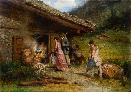 JOTTI CARLO Milano 1826 - 1905 "Visita" 24,5x34,5 olio su cartone Opera...