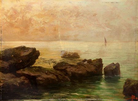 BO GIACINTO Torino 1832 - 1925 Montanaro (TO) "Marina al tramonto" 30x40 olio...