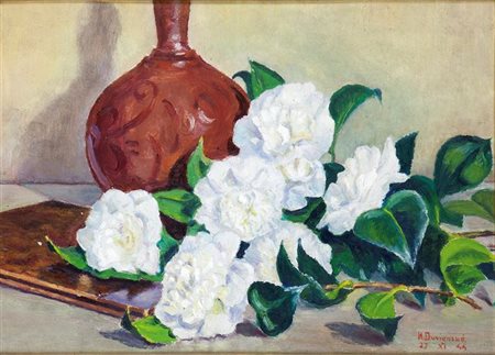 DUVIGNAUD H. "Natura morta con peonie bianche" 27/11/1944 34x50 olio su...