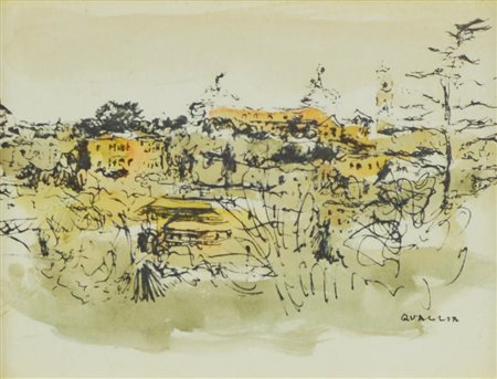 Carlo Quaglia VEDUTA acquerello su carta applicata a compensato, cm 15x19,5...