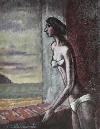 Enrico Allimandi RAGAZZA AL MARE olio su cartone telato, cm 45x35 sul fronte:...