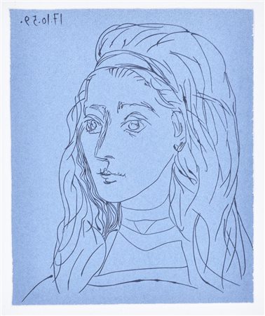Pablo Picasso JAQUELINE linogravure da disegno originale, cm 31,8x35,5, es....