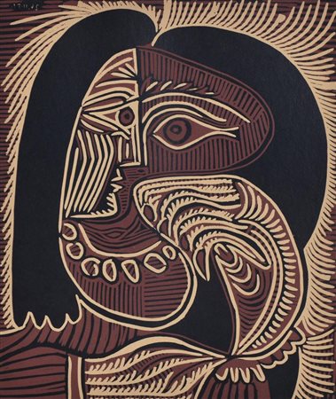 Pablo Picasso FEMME AU COLIER linogravure da disegno originale, cm 31,8x37,...