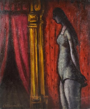 Enrico Allimandi FIGURA E VECCHIO PALAZZO olio su cartone telato, cm 60x50...