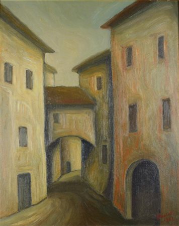 Mario Bianchi CASE olio su faesite, cm 50x40 firmato e datato eseguito nel 1968