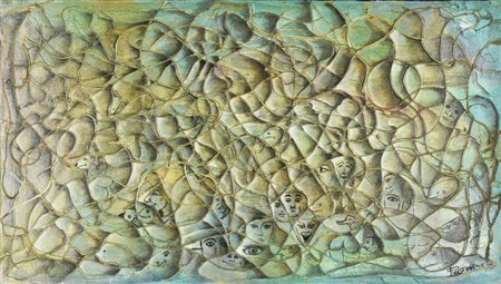 Plauso SORPRESA tecnica mista e collage su tela, cm 40x70 sul fronte: firma e...