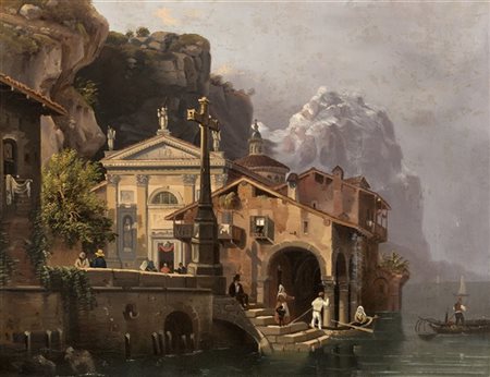 Maestro lombardo della prima metà del XIX Secolo"Borgo sul lago" olio su carta appl