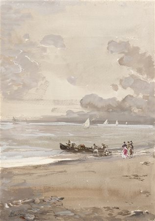 Pompeo Mariani "Marina con barche" 
tecnica mista su carta (cm 36x25,5)
Firmato